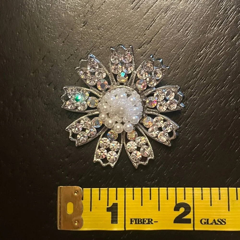 Vintage Silver Tone Brooch with Pearl Cluster Center and Aurora Borealis Stones